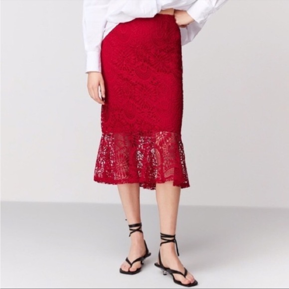 Zara Skirts Nwt Zara Red Crochet Lace Midi Mermaid Skirt Pencil